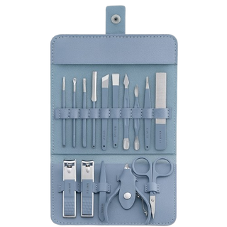Nail care Set - light blue Leather Travel Case - 16PCs
